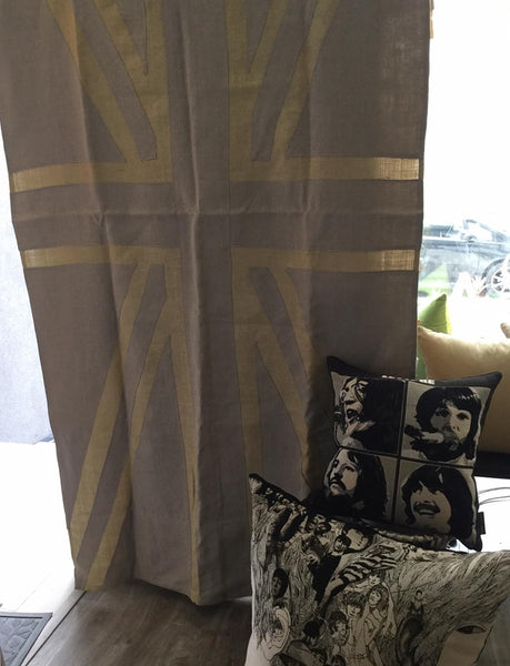 Bespoke Union Jack Drapes - Taupe Linen - Natural Burlap