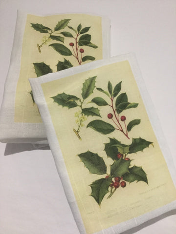 Flour Sack Tea Towel - Set of 2 -  Green Holly Flour Sack Tea Towel - Set of 2 -  Green Holly