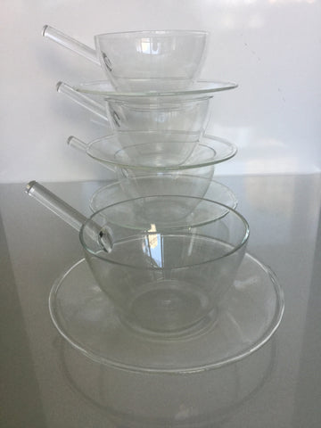 Set of 4 Hand blown and signed Glass tea cups and saucers