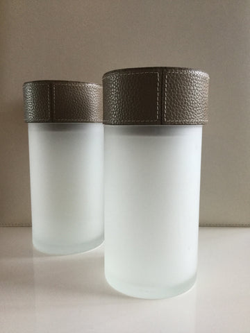 Frosted Glass Containers - Light Tan  Leather Top Frosted Glass Containers - Light Tan  Leather Top