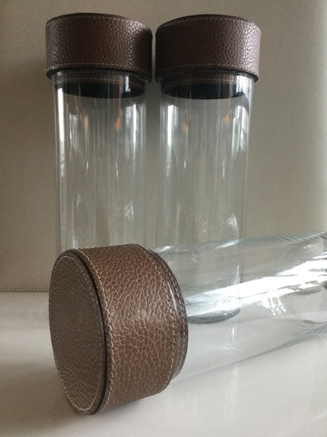 Clear Glass Containers - Caramel  Leather Top Clear Glass Containers - Caramel  Leather Top