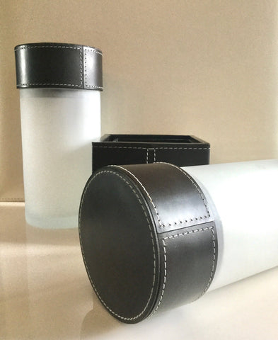 Frosted Glass Containers - Dark Brown Leather Top Frosted Glass Containers - Dark Brown Leather Top