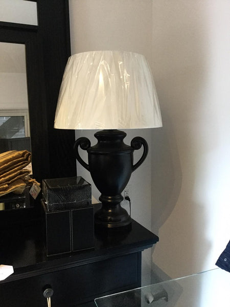 Pair of Black Ceramic Urn Lamps with white shades